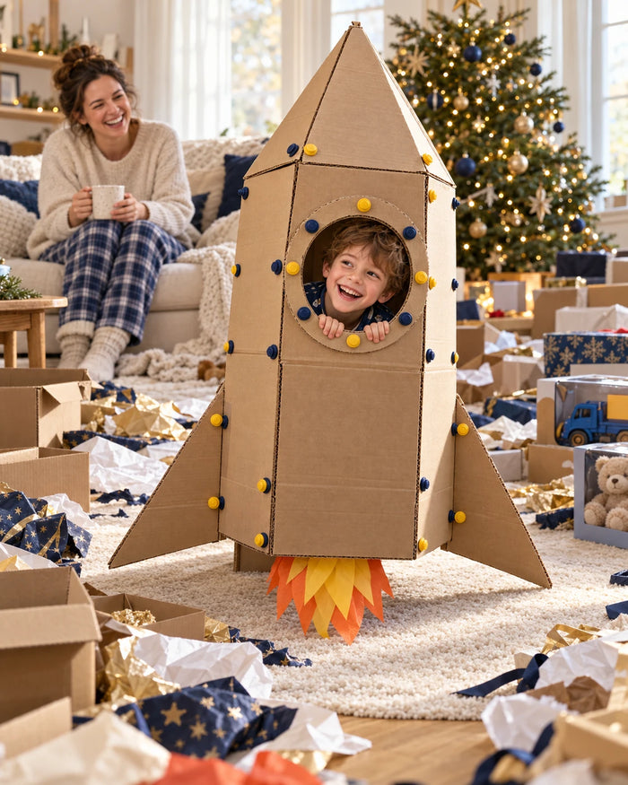 Christmas morning: a child peeking out of a cardboard rocket built from delivery boxes while a parent laughs