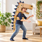 Child wearing a cardboard dinosaur costume