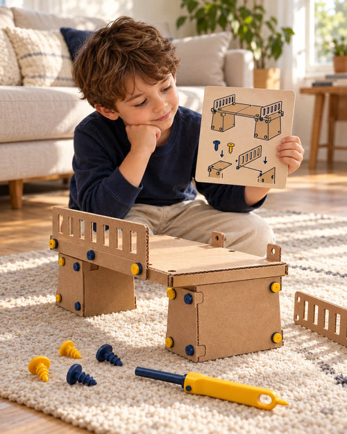 Child checking a Mission Card while building a cardboard bridge with bolts
