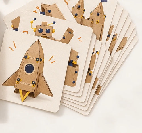 Boxnaut Mission Cards showing rocket, robot and castle builds