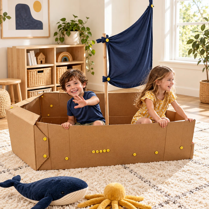 Two kids playing in a pirate ship built from cardboard boxes and Boxnaut bolts