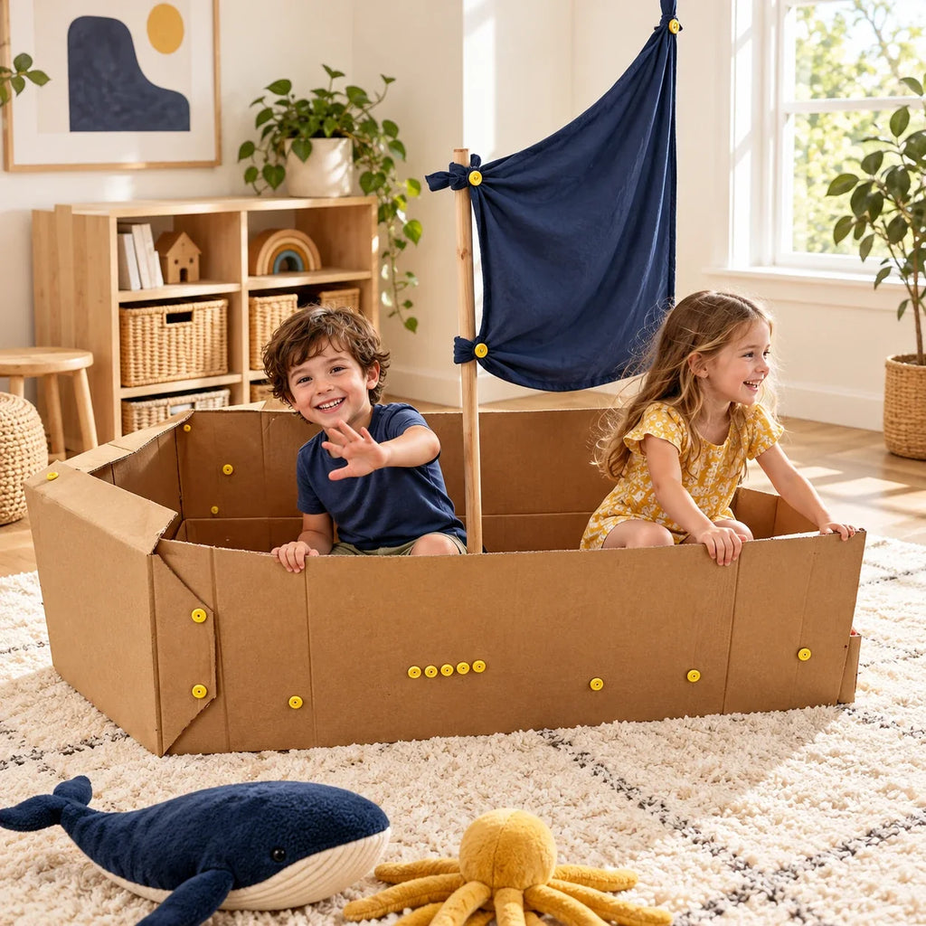 Two siblings playing in a cardboard pirate ship they built together