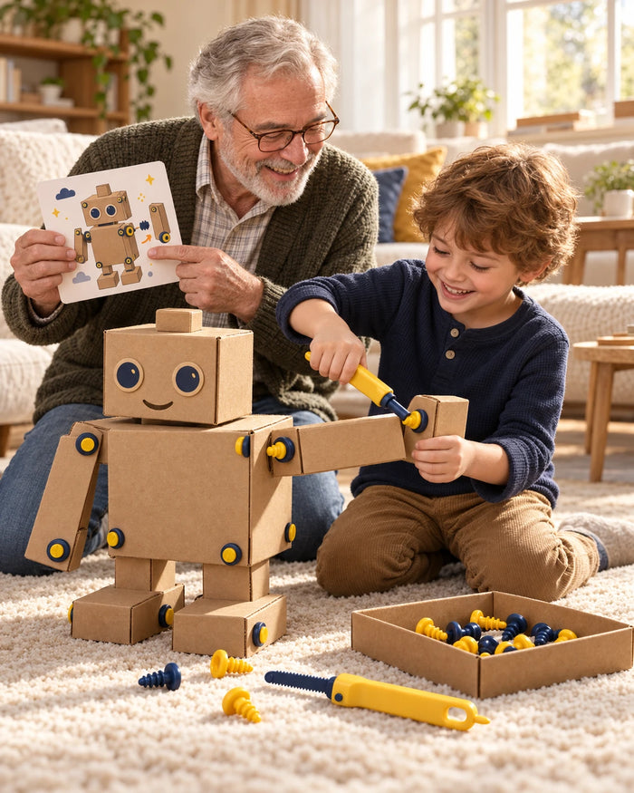 Grandfather and grandson building a cardboard robot with a Mission Card