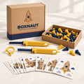 Rocket From A Box kit: Boxnaut box, tools, a tray of reusable bolts and 10 Mission Cards