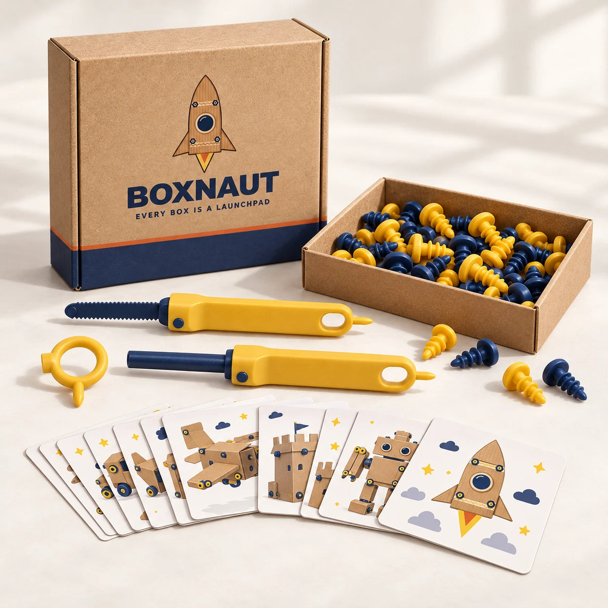 Rocket From A Box kit: Boxnaut box, tools, a tray of reusable bolts and 10 Mission Cards