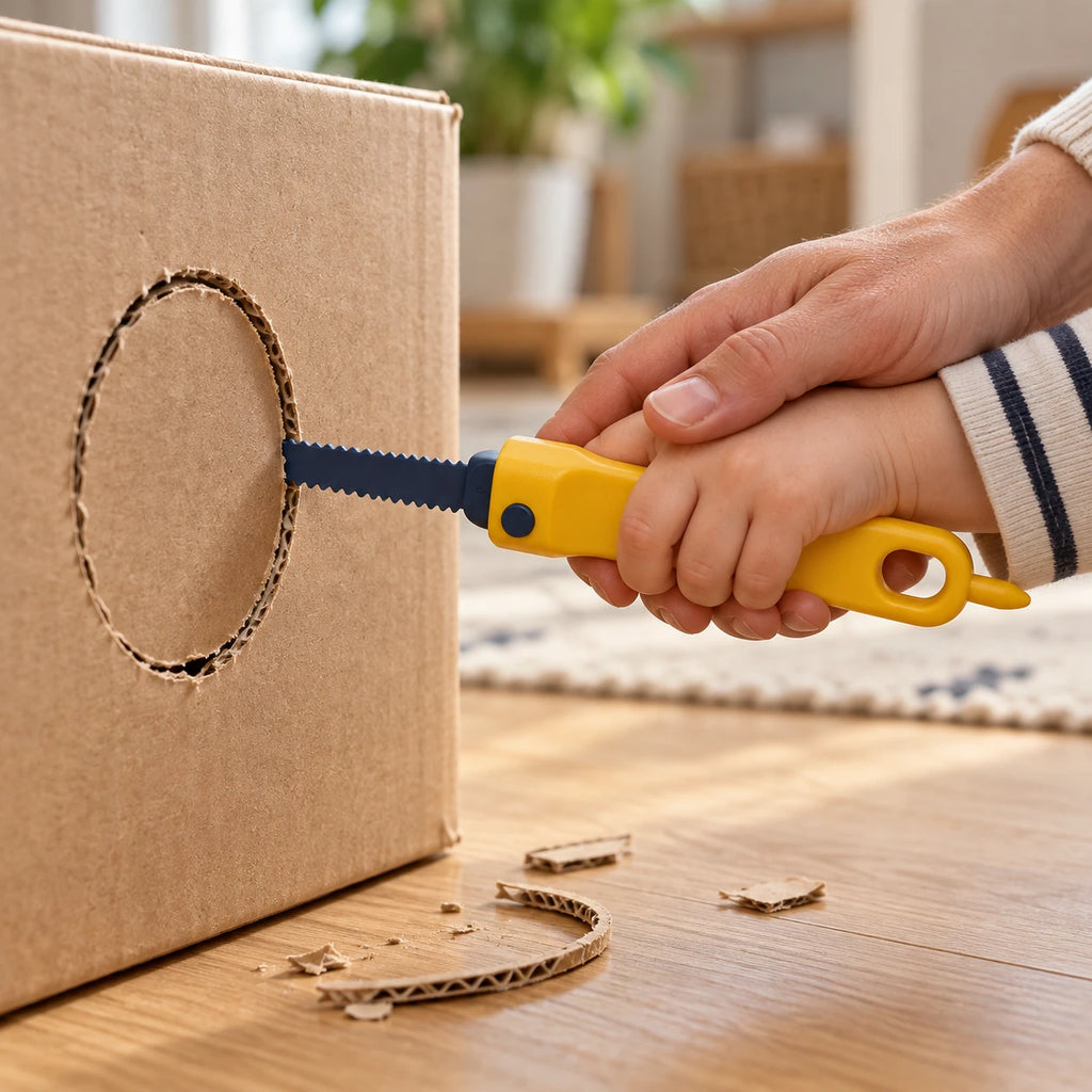 An adult's hand guiding a child's hand on the plastic cardboard saw