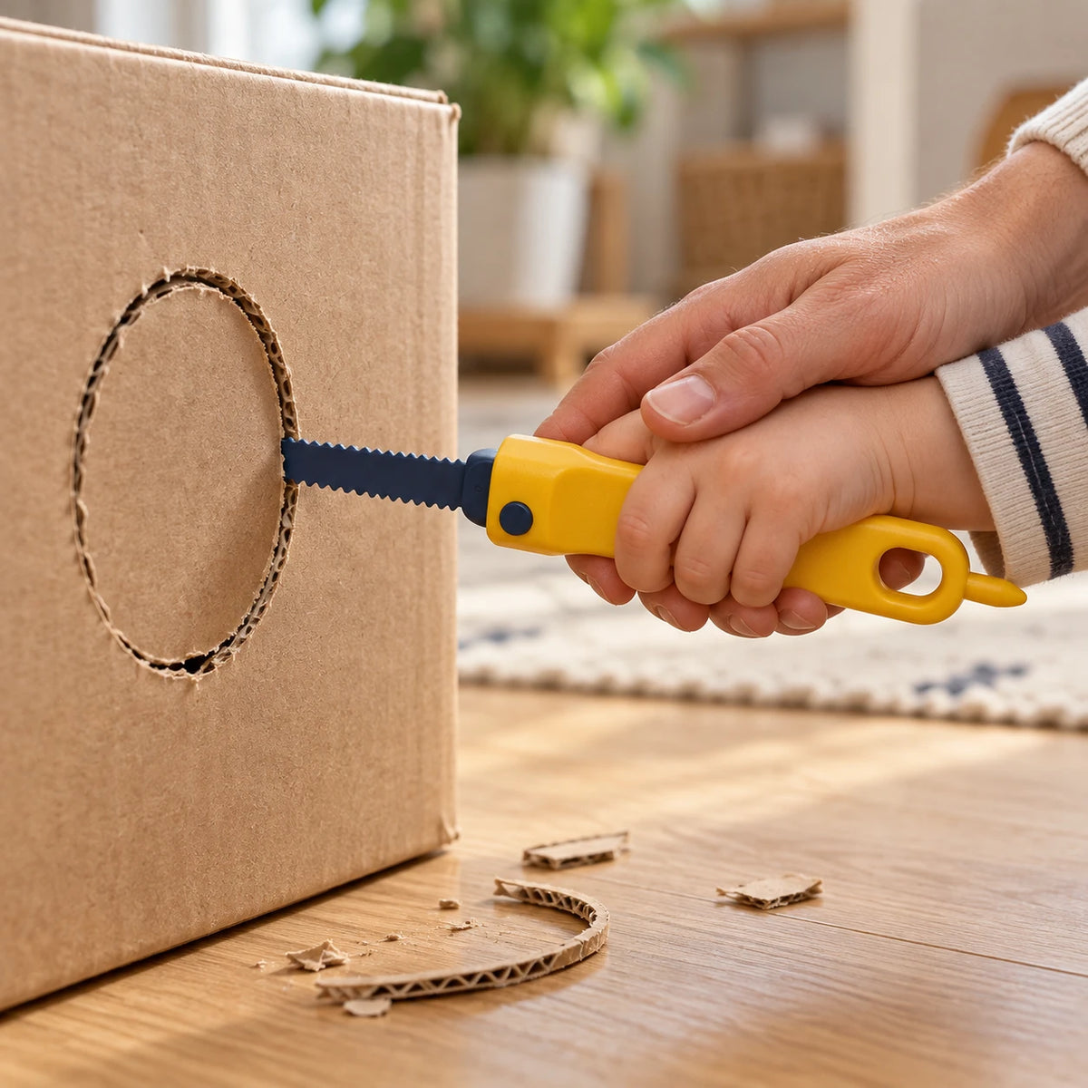An adult's hand guiding a child's hand on the plastic cardboard saw