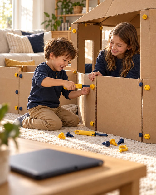 Two siblings building a cardboard fort with bolts while a tablet lies face-down on a shelf