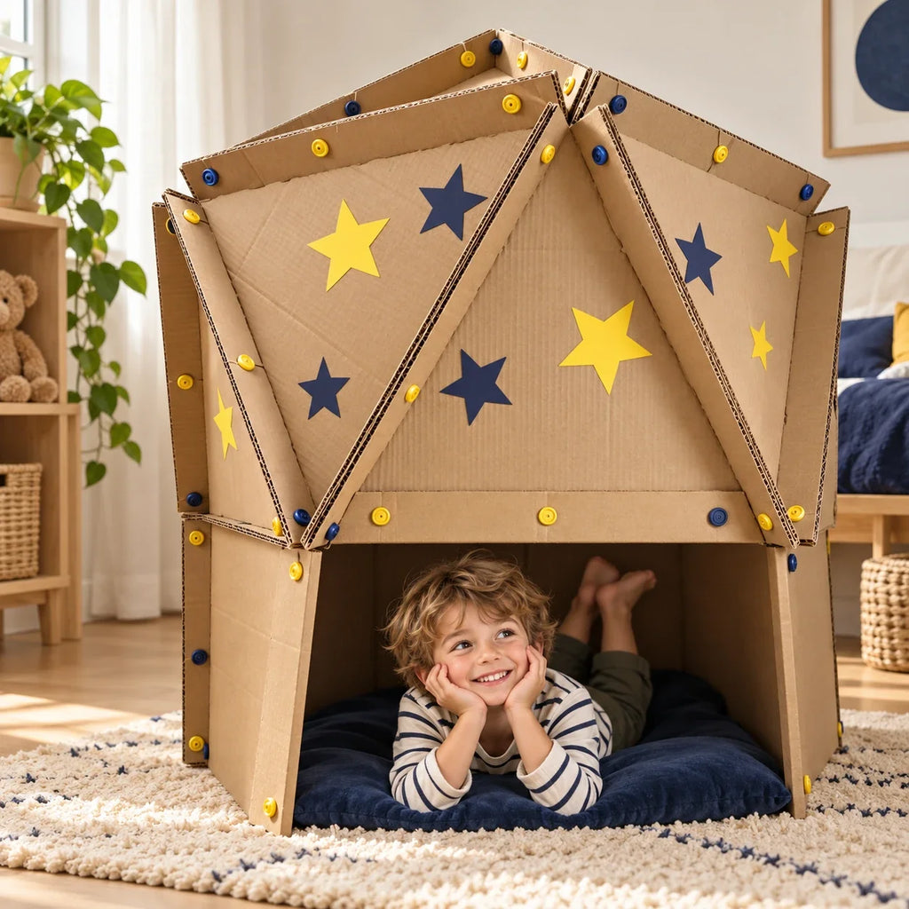 Child inside a star-covered cardboard fort