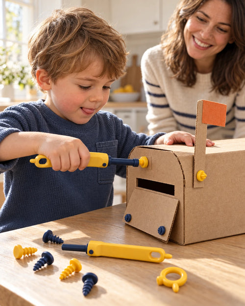 Child building a cardboard mailbox with the bolt driver while a parent watches