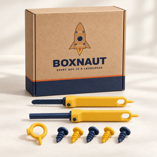 Launch Pad Starter Kit box with cardboard saw, bolt driver, hole punch and reusable bolts