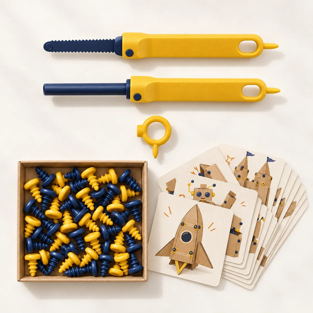 Contents of each kit: saw, bolt driver, hole punch, reusable bolts and Mission Cards